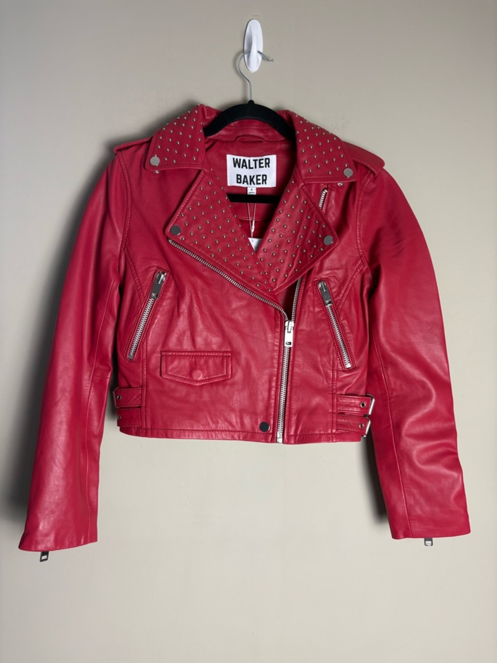 NWT Walter Baker Liz Leather Red Studded Crop Moto Jacket Size Small